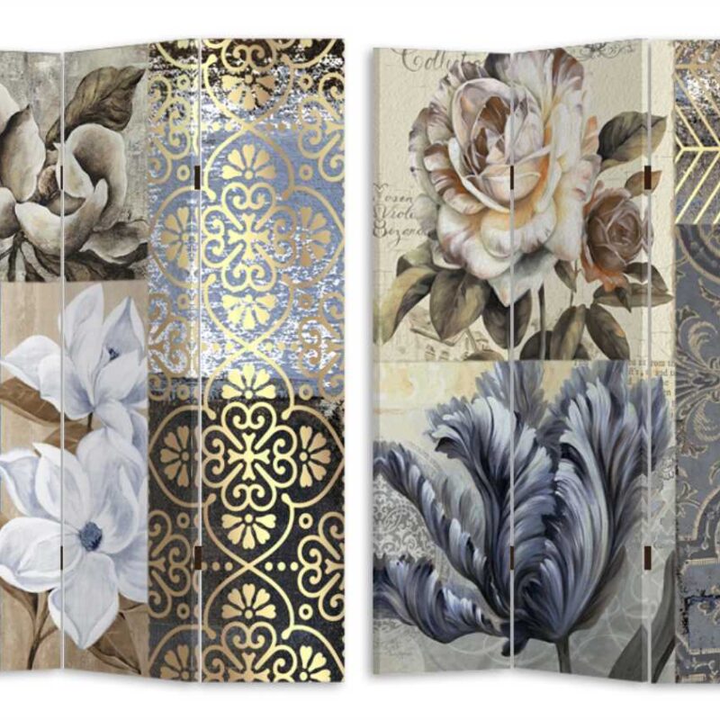 Paravento stampa fiori blu tre ante cm120,6x2,5h180