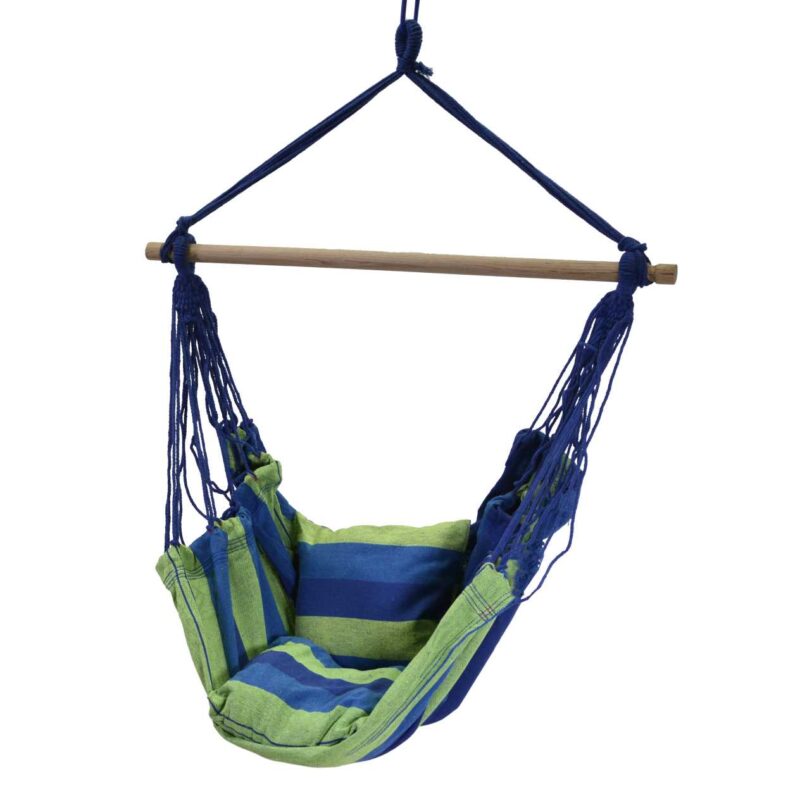 Sedia dondolo tessuto righe blu e verde c/ 2 cuscini cm100x130