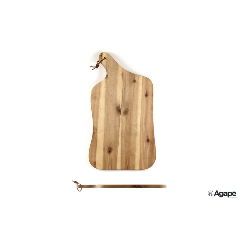 Acacia-Tagliere Sagomato Cm 42,5X25Xh.1,5 Con Manico Con Cinturino In Pelle, Appendibile