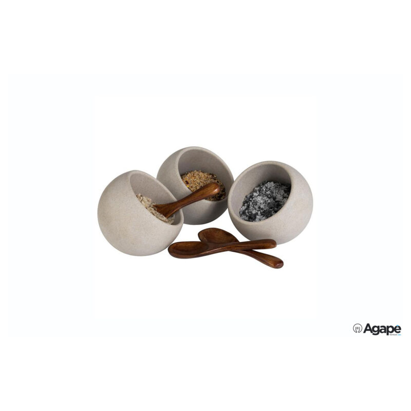 Moon-Set 6 Pezzi Composto Da 3 Coppette Melamina Grigia Cm 8 H.7,5 0,5 Lt E 3 Cucchiai In Legno