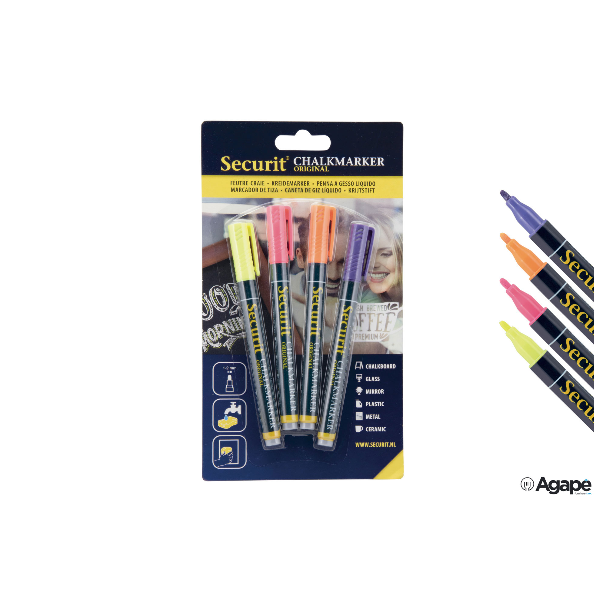 PENNARELLO-GESSO-LIQ.4PZ-TROP.FIN-BL-SMA100-V4-TRO_15182_RRGG Set 4 Pennarelli A Gesso Liquido, Punta Fine 1-2 Mm, Colori Tropicali (Arancione, Rosa, Viola, Giall - immagine 1